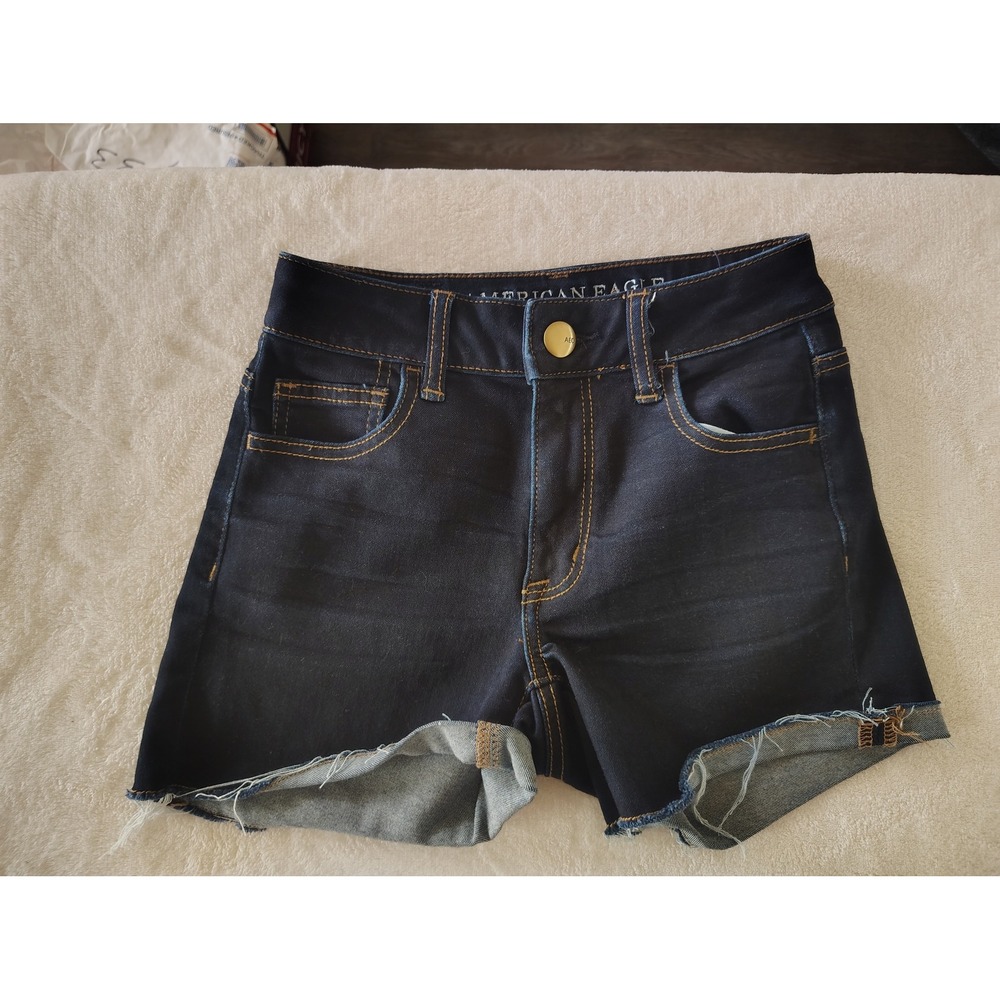 American Eagle Hi-Rise Shortie Denim Shorts Indigo Blue Raw Hem Size 0 Stretch